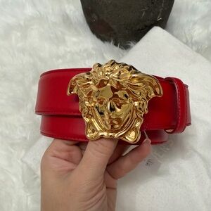 Versace Bold Red Belt with Gold Medusa Emblem